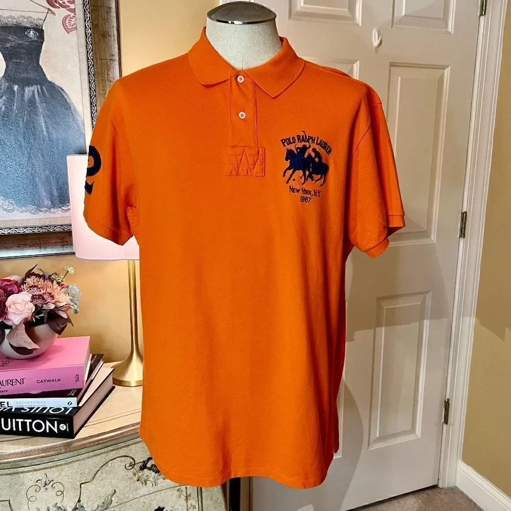 EEUC Men's Polo by Ralph Lauren Orange Double Pony Polo Shirt Custom Fit XL
